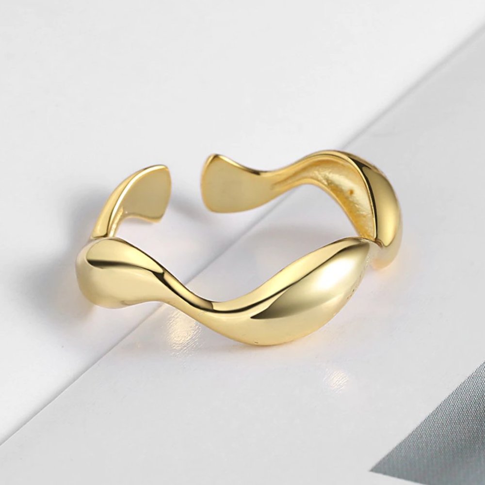 NEW Silver Gold Resizable Smooth Irregular Waves Gold Color Ring - Picture 6 of 6